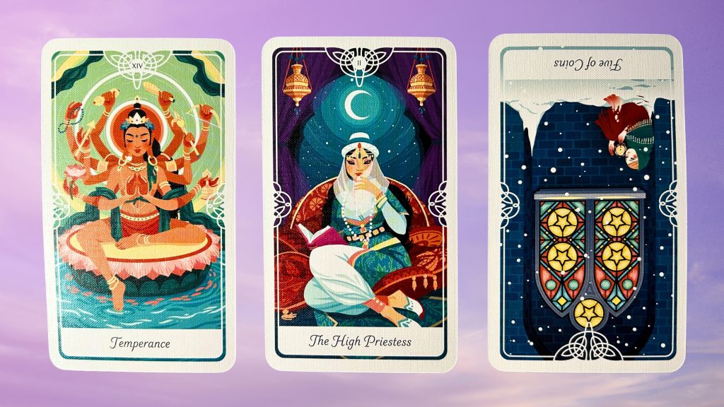 Cards from the Tarot of the Divine deck: Temperance, The High Priestess, and Five of Coins