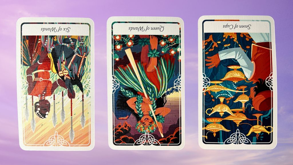 Cards from the Tarot of the Divine deck: Six of Wands, Queen of Wands, and Seven of Cups