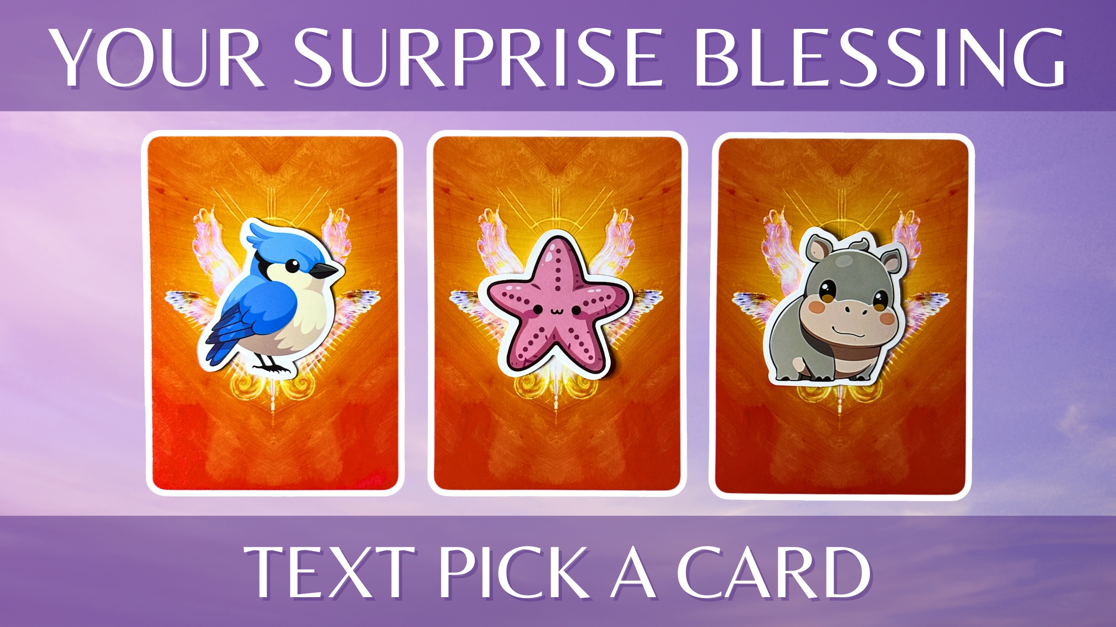 Three tarot pick a card piles: pile 1 - bird, pile 2 - starfish, and pile 3 - hippo