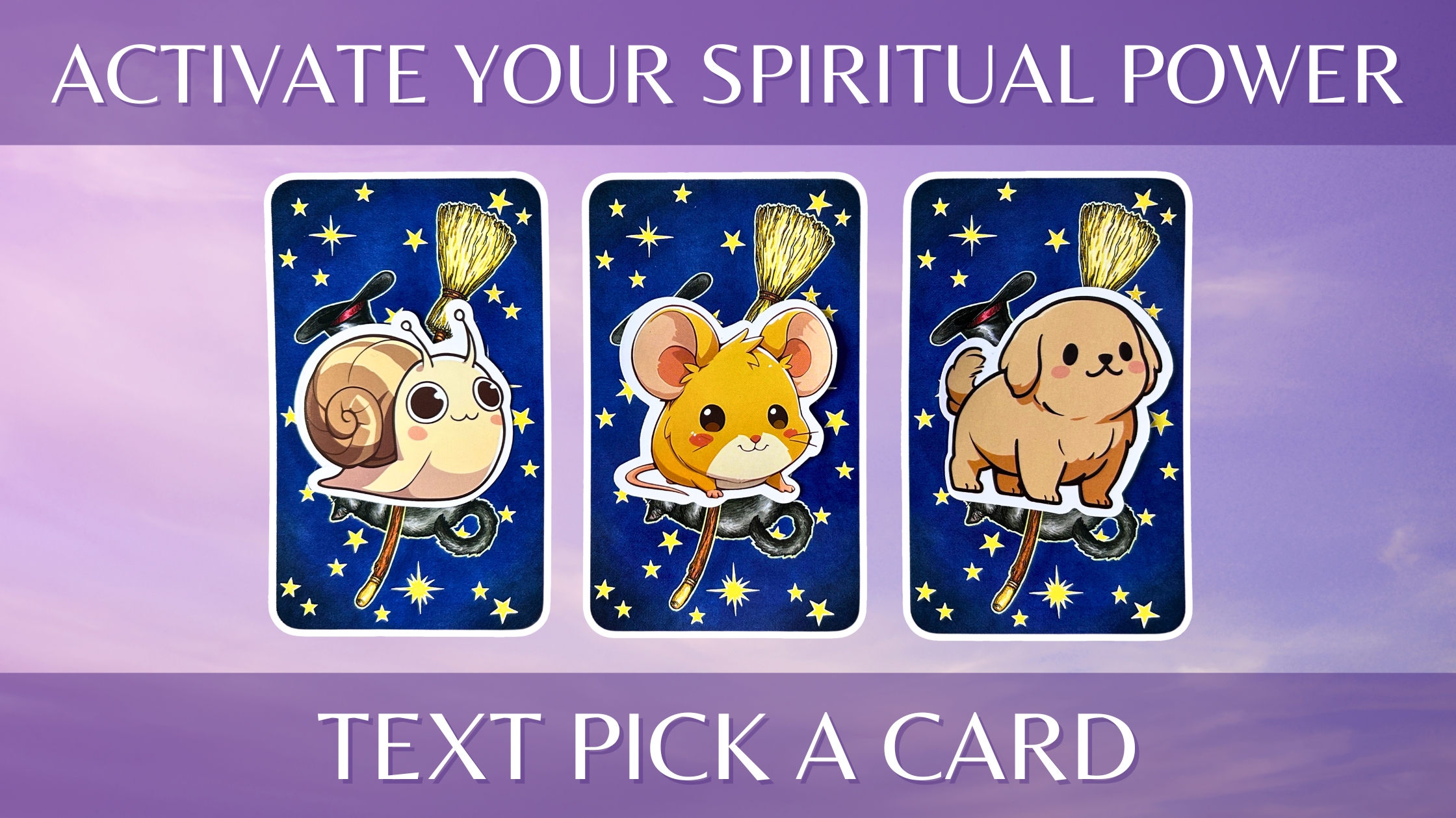Three tarot pick a card piles on how to activate your spiritual power: pile 1 - snail, pile 2 - mouse, and pile 3 - dog