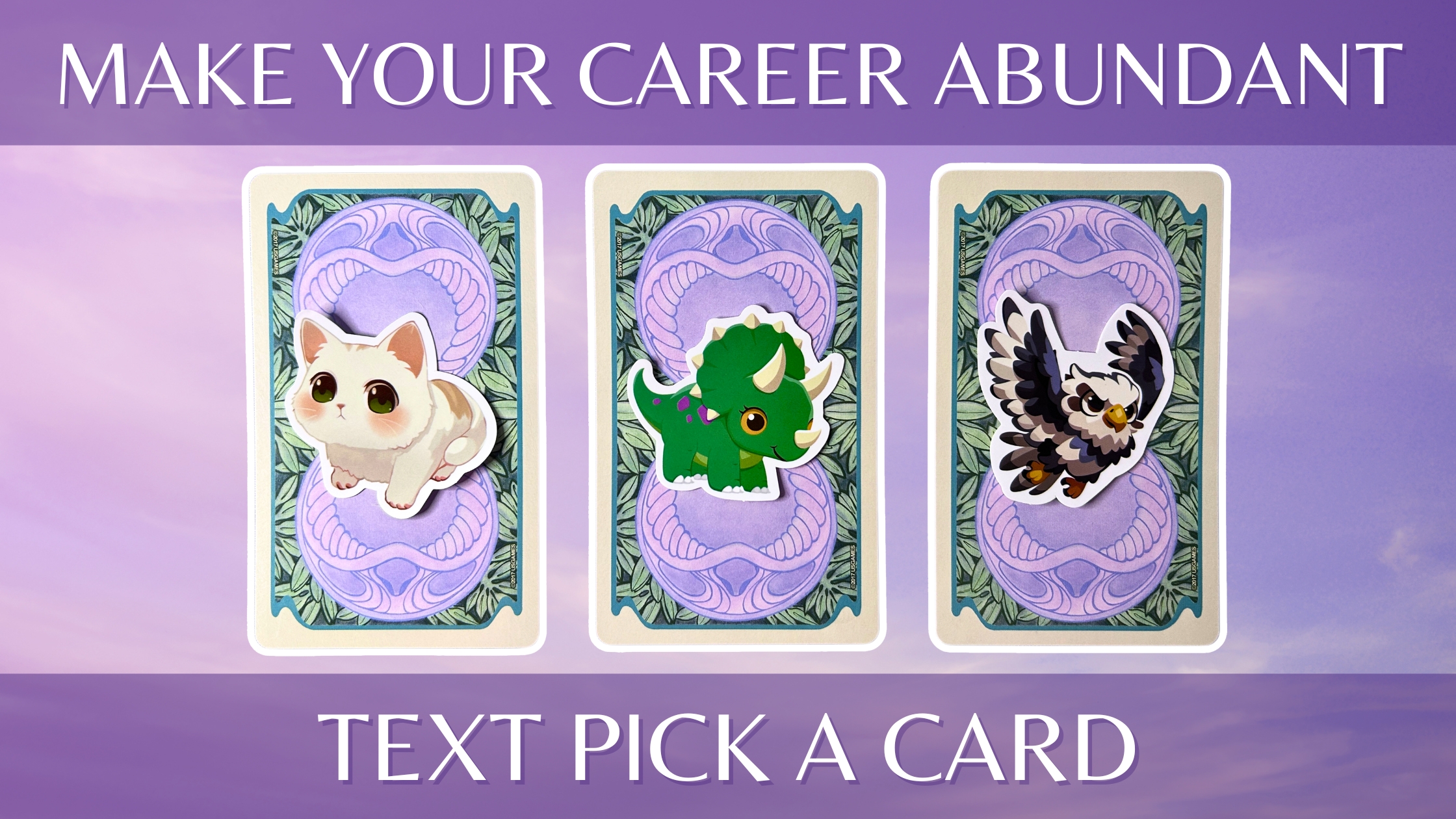 Three tarot pick a card piles on how to make your career abundant: pile 1 - cat, pile 2 - dinosaur, and pile 3 - bird