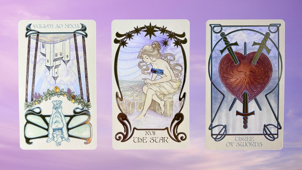 Cards from the Ethereal Visions Illuminated Tarot deck: four of wands, the star, and three of swords