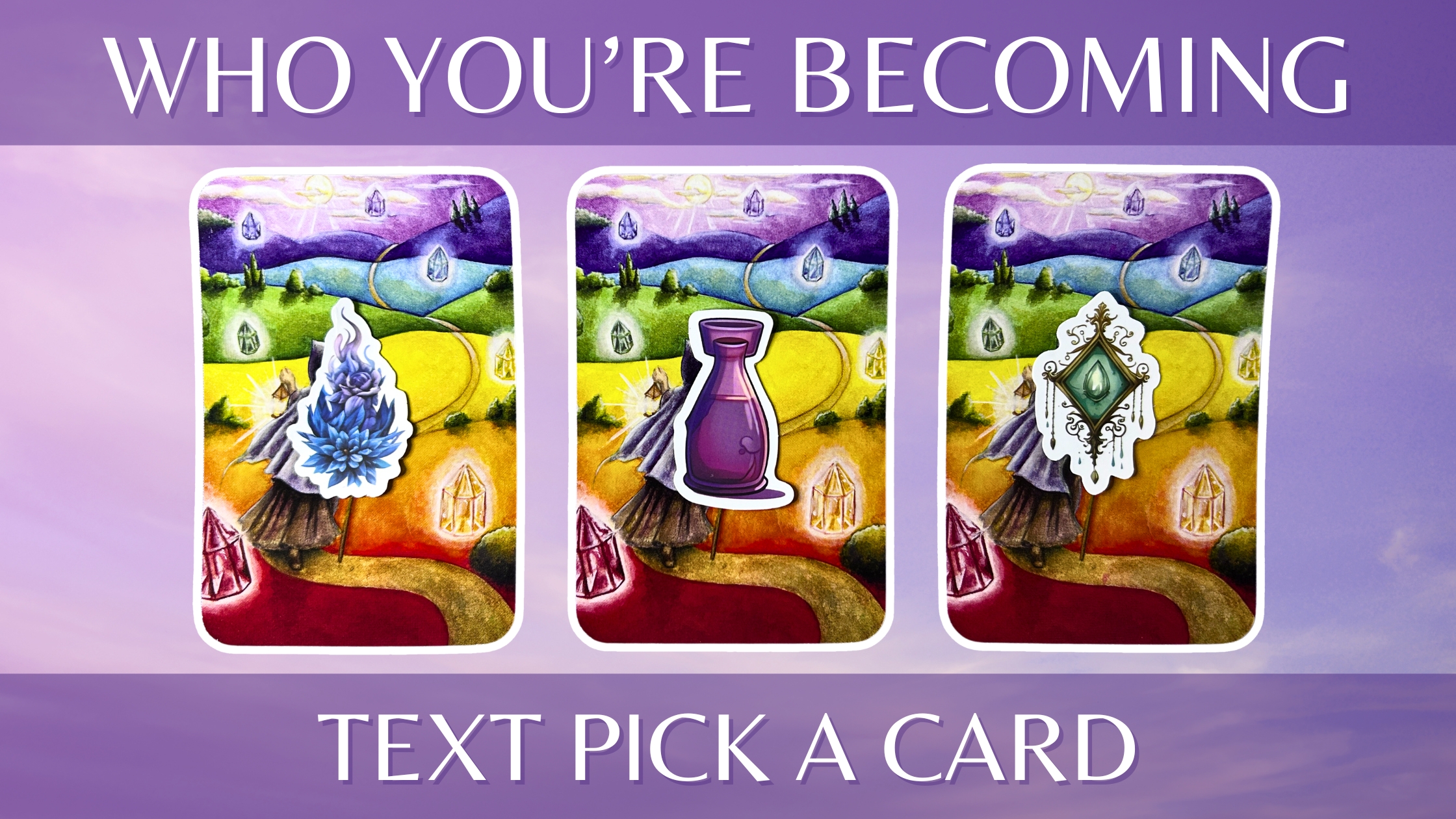 Three tarot pick a card piles on who you're becoming: pile 1 - plant, pile 2 - vial, and pile 3 - mirror