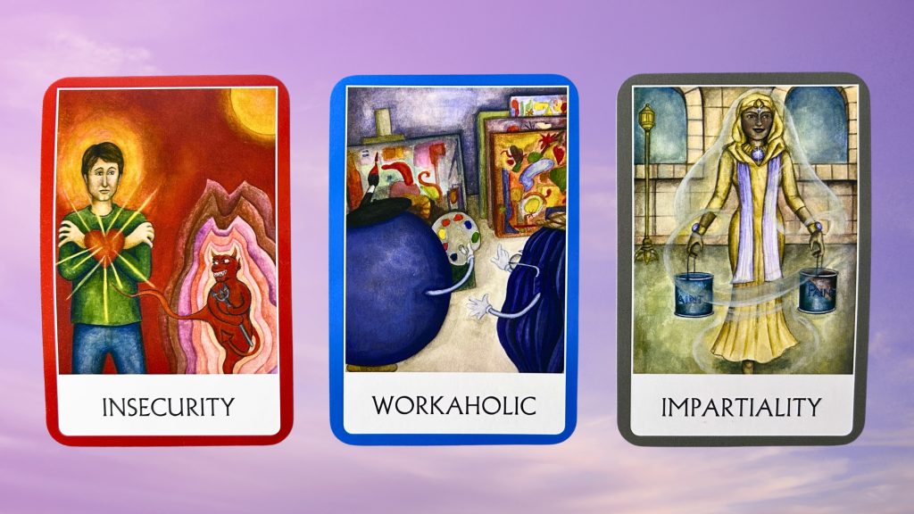 Cards from the Chakra Wisdom Oracle deck: Insecurity, workaholic, and impartiality