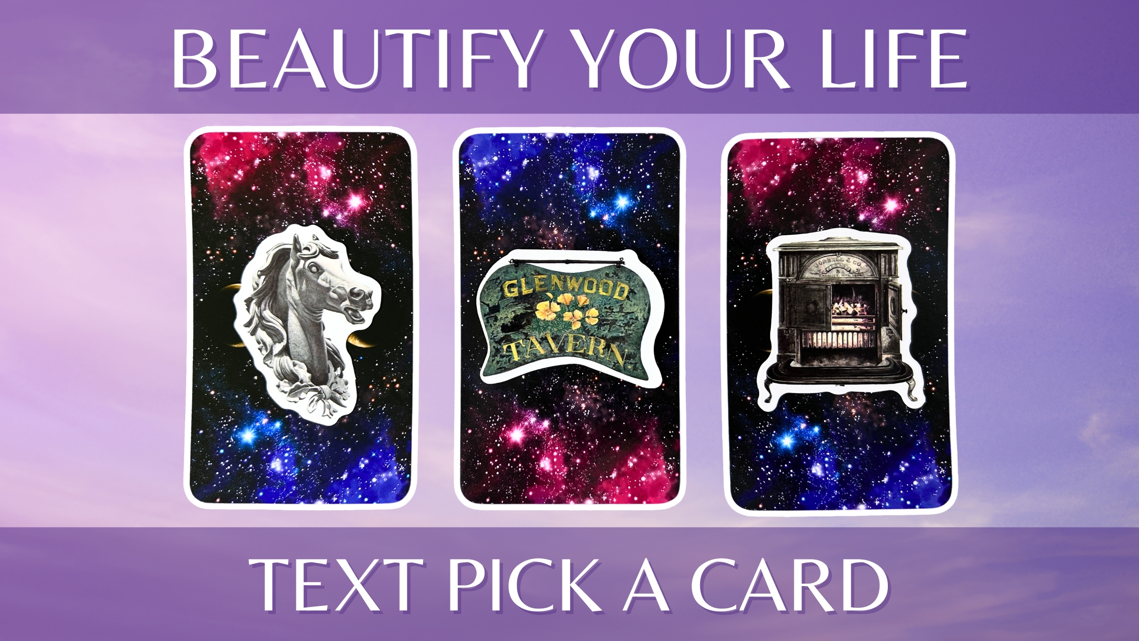 Three tarot pick a card piles on how to beautify your life: pile 1 - horse, pile 2 - sign, and pile 3 - woodstove