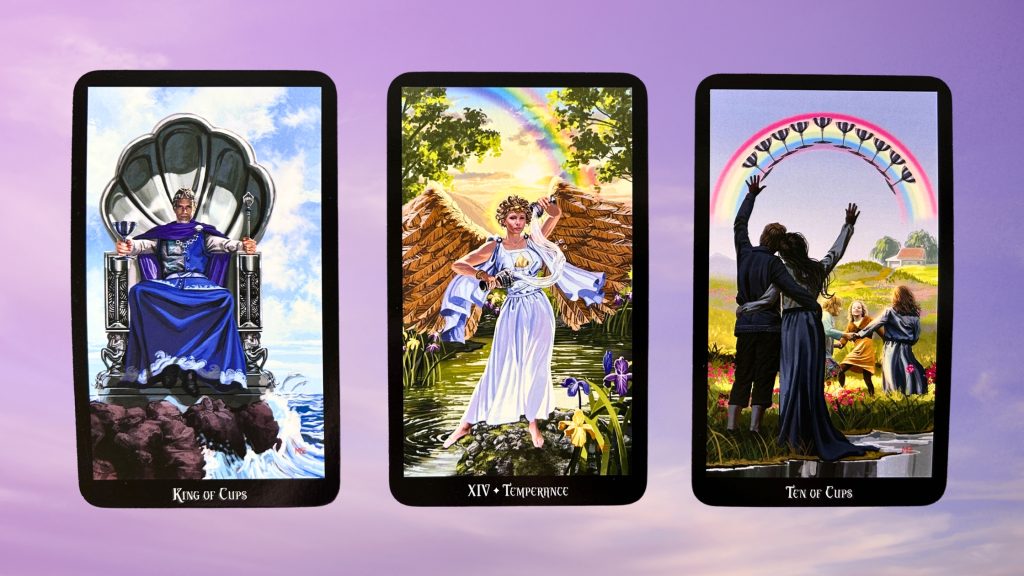 Cards from the Witches Tarot: King of Cups, Temperance, and Ten of Cups