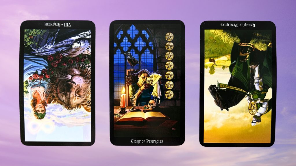 Cards from the Witches Tarot: Strength, Eight of Pentacles, and the Knight of Pentacles