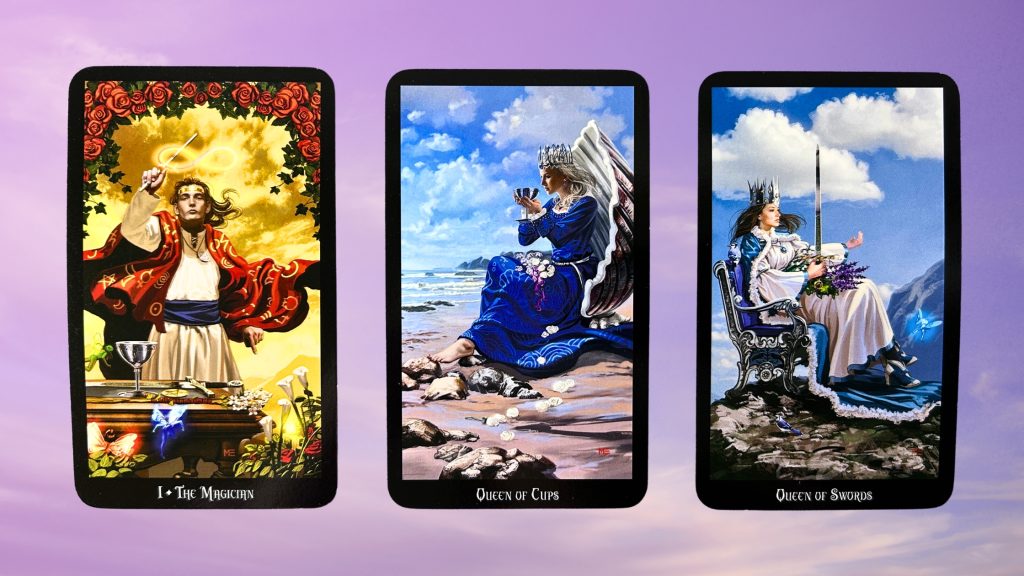 Cards from the Witches Tarot: The Magician, Queen of Cups, and Queen of Swords