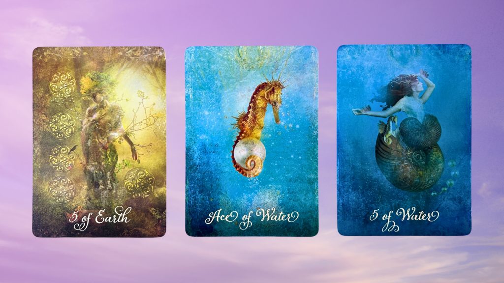 Cards from the Good Tarot: Five of Earth, Ave of Water, and Five of Water