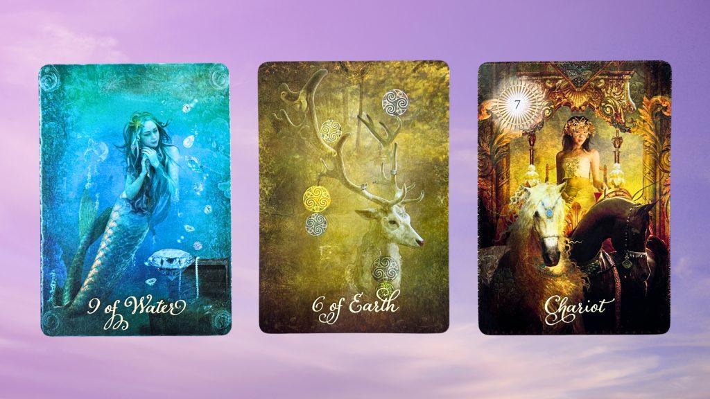 Cards from the Good Tarot deck: Nine of Water, Six of Earth, and the Chariot